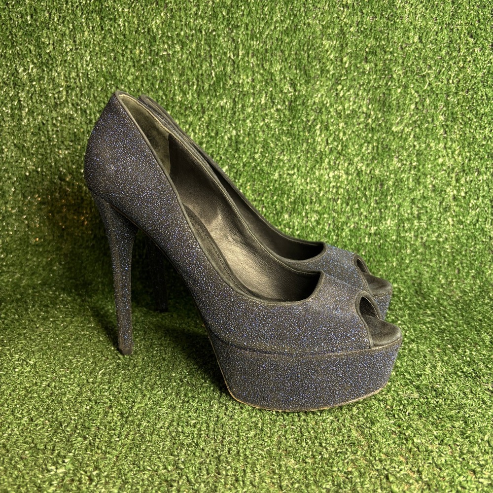 Brian Atwood Bambola Glitter Platform Peep Toe Stiletto Pump Navy Blue Women 9.5